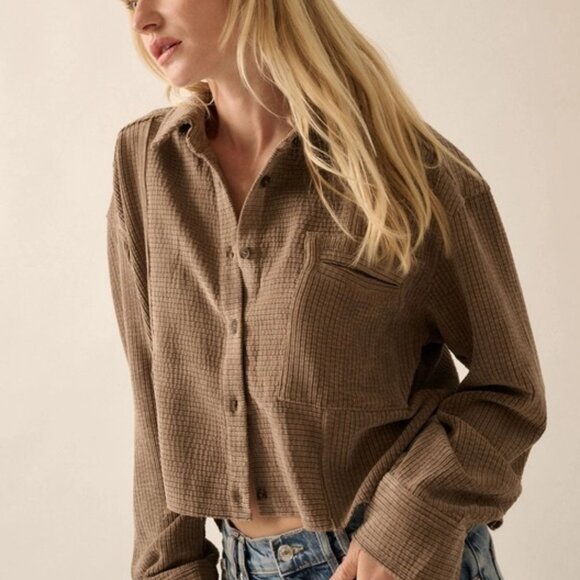 Lonnie Corduroy Raw Edge Hem Shirt | Women's Fall Brown Top | Trendy Fashion - Picture 7 of 9